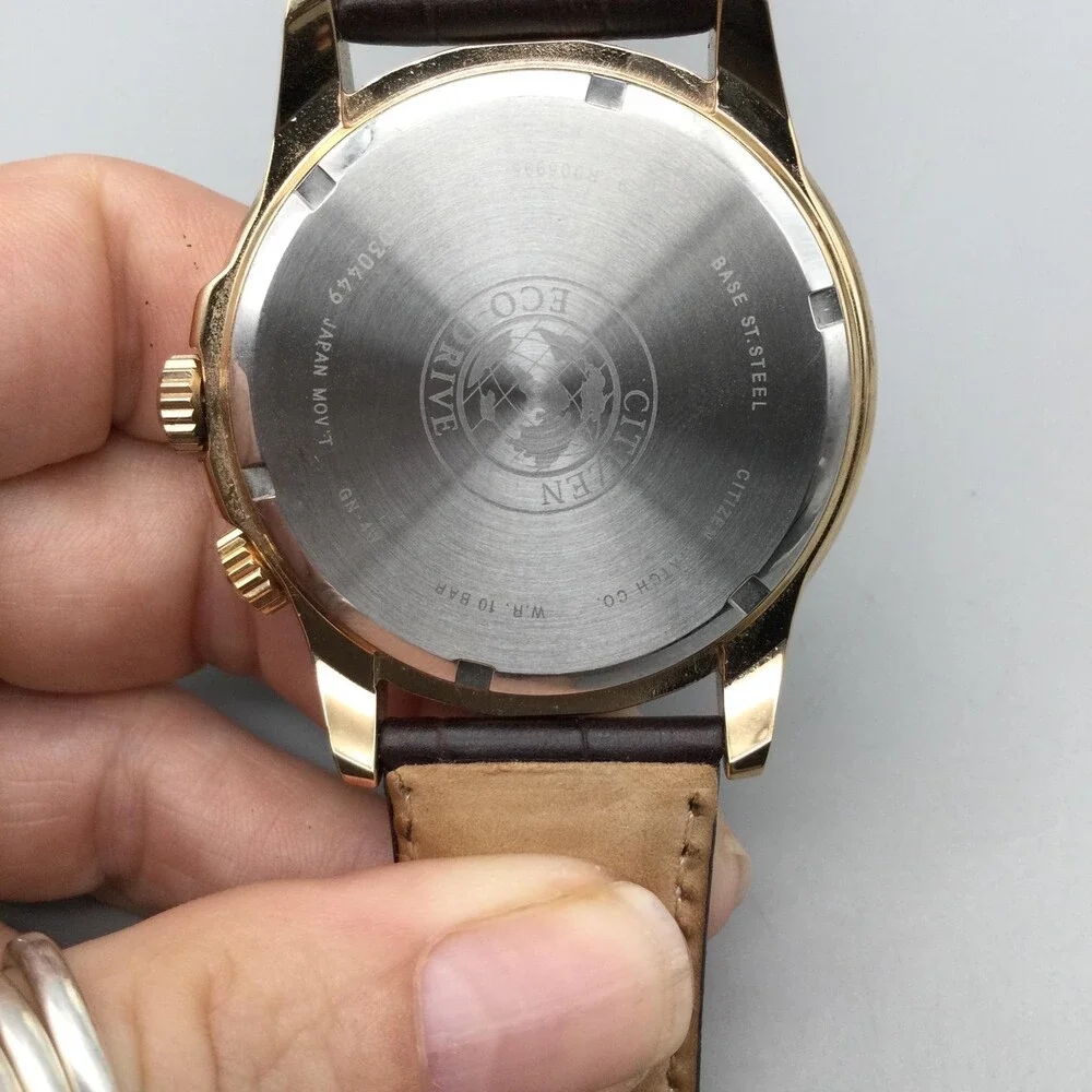 Citizen Eco-Drive Mens Watch 44mm Black Dial Gold Tone Brown Leather World Time
